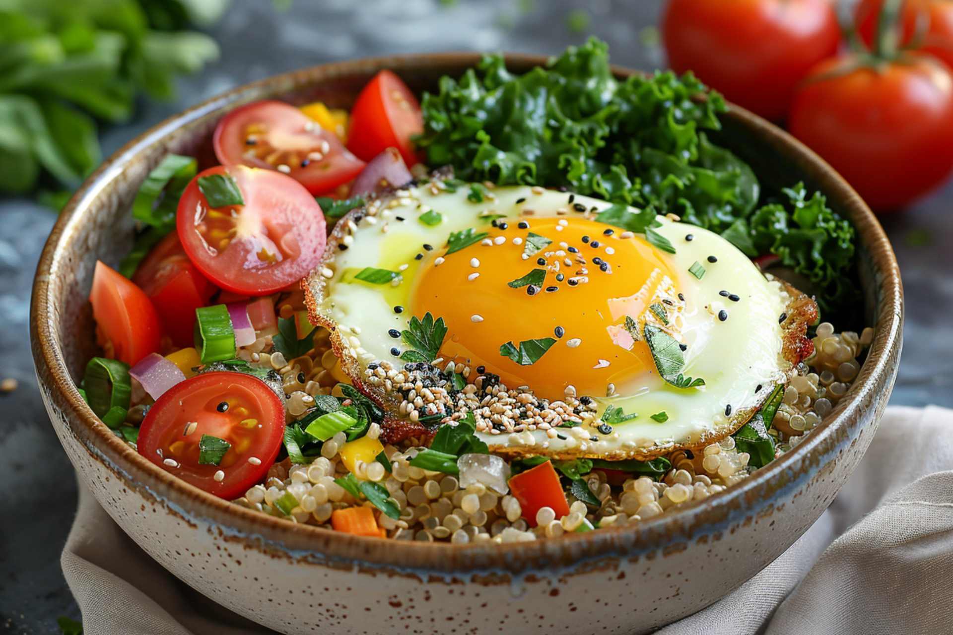 Quinoa Breakfast Bowl with Eggs and Vegetables
