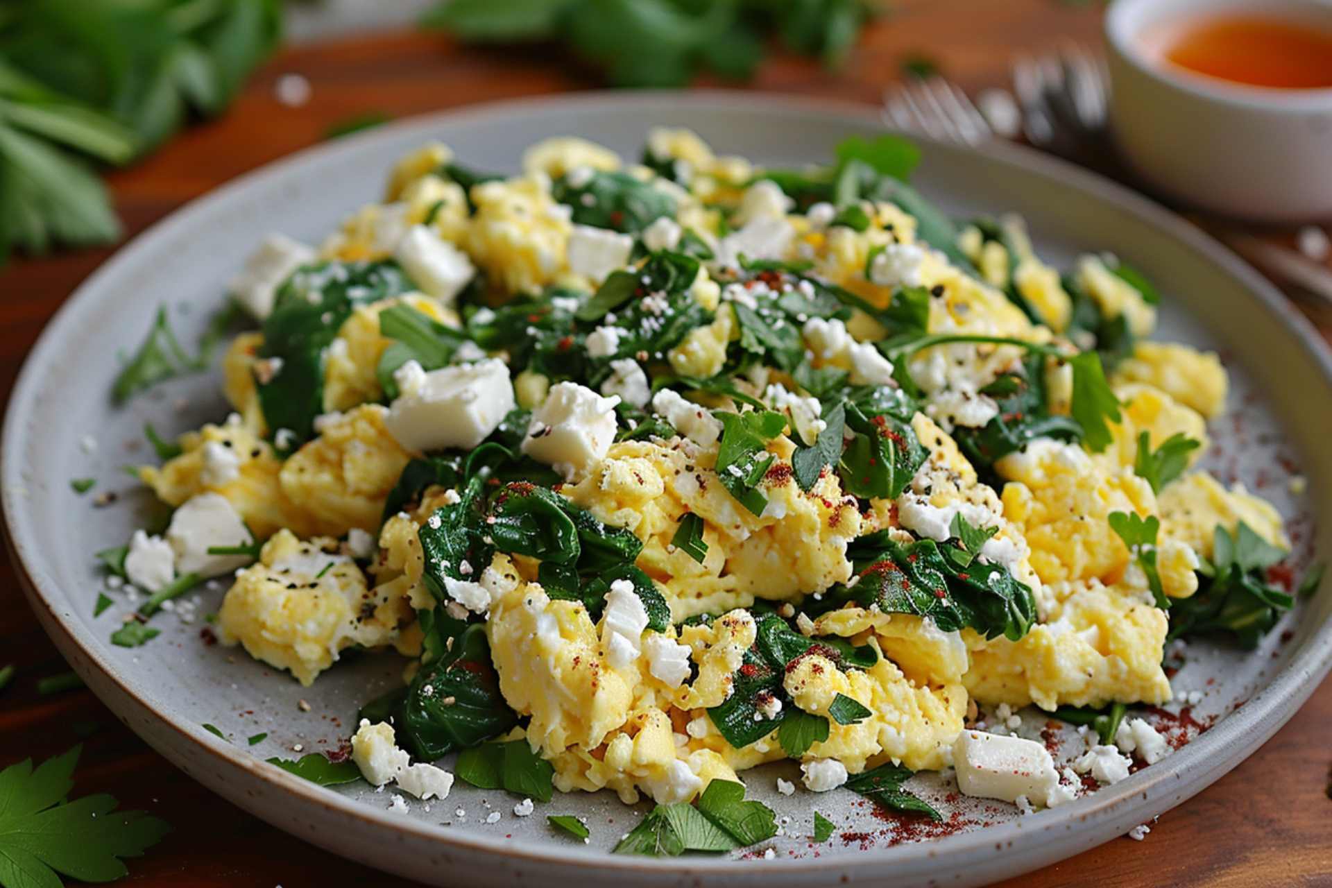Scrambled Eggs with Spinach and Feta Cheese